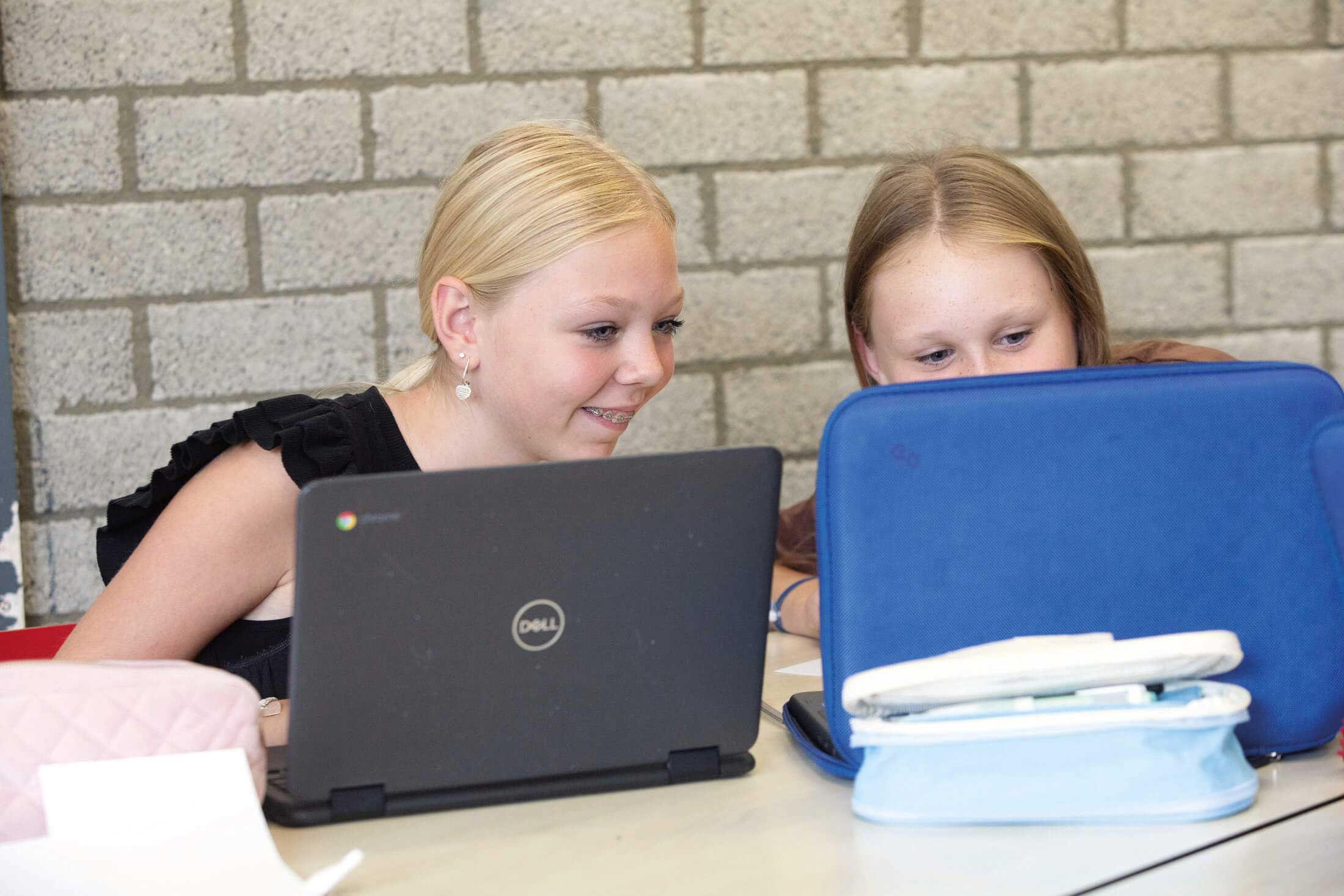 Twee meiden werken samen achter de computer